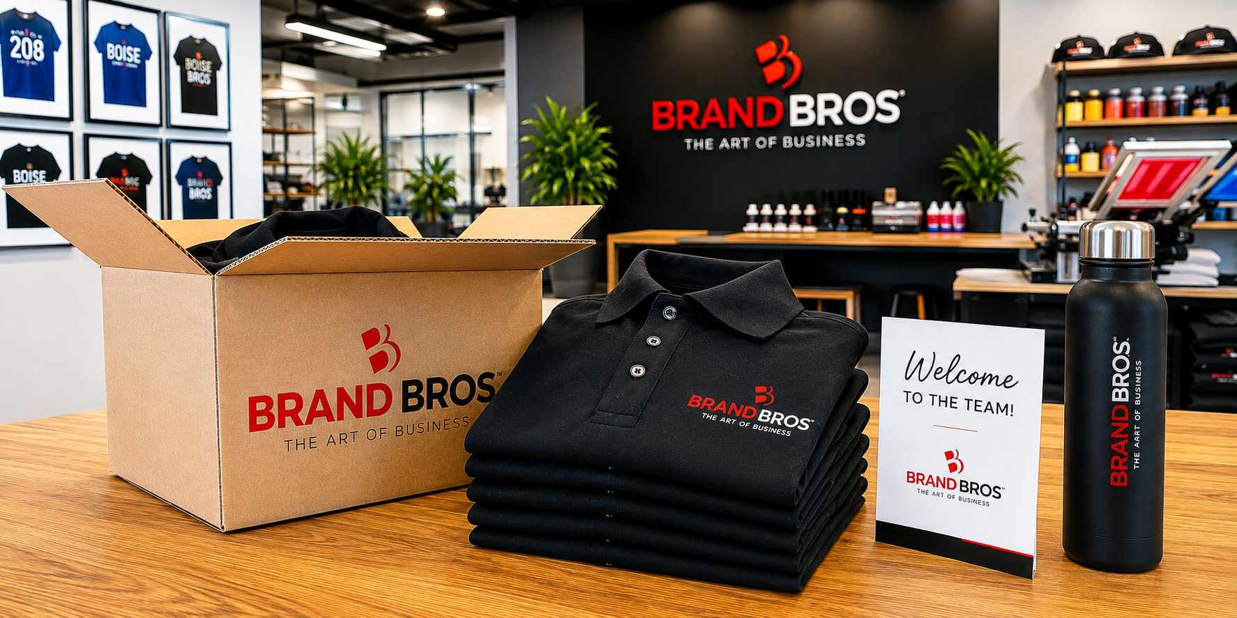 Brand Bros new employee welcome box with folded branded polos, welcome card, and branded water bottle displayed on a wood table in a professional shop setting.