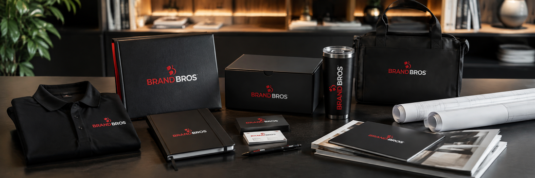 Brand Bros branded apparel, boxes, business cards, drinkware, and printed materials displayed on a dark table for businesses opening or expanding in Boise.