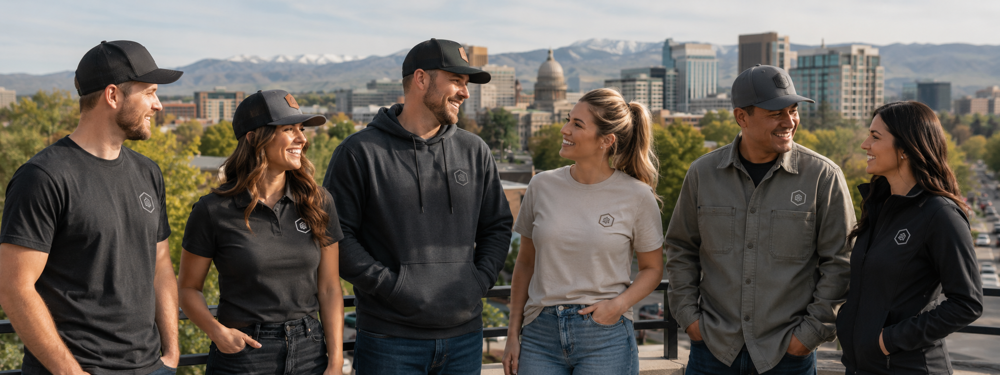 Custom apparel for Boise businesses featuring branded shirts, polos, hoodies, hats, and jackets worn by a local team.