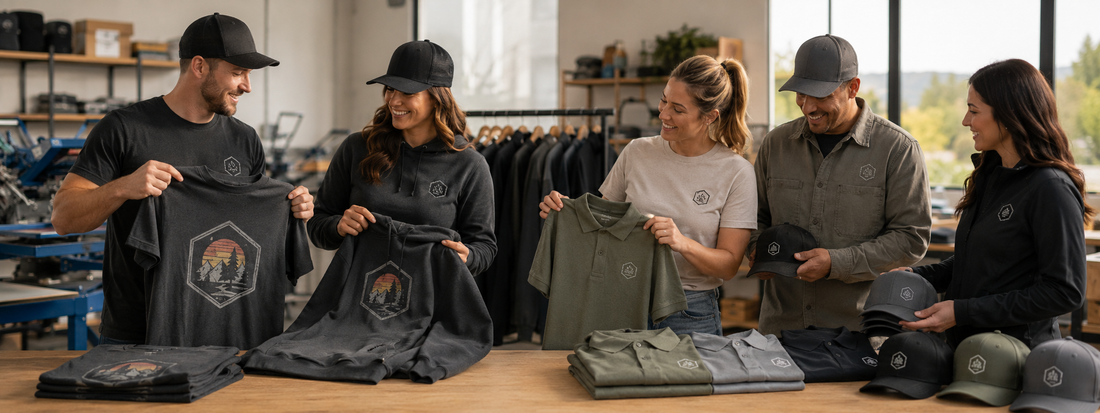 Screen printing and embroidery options for custom apparel, including branded shirts, polos, hats, hoodies, and workwear.
