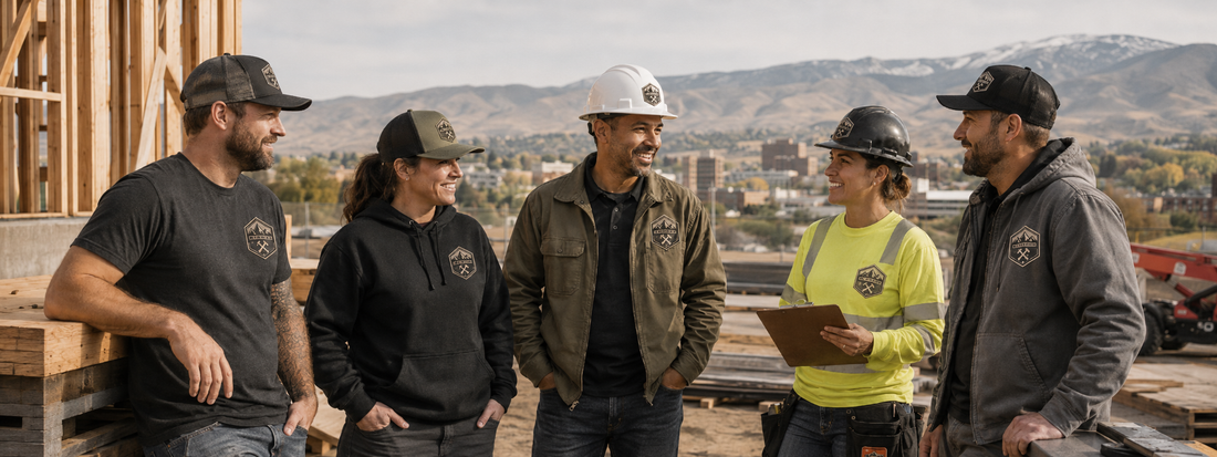 Custom workwear for construction companies with branded shirts, hoodies, hats, jackets, and safety apparel on a job site.