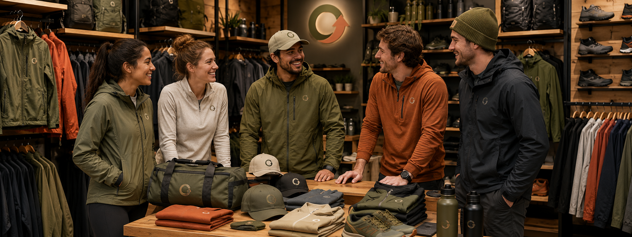 Custom outdoor apparel and branded merchandise displayed in a sporty retail store with jackets, hats, bags, and performance gear.