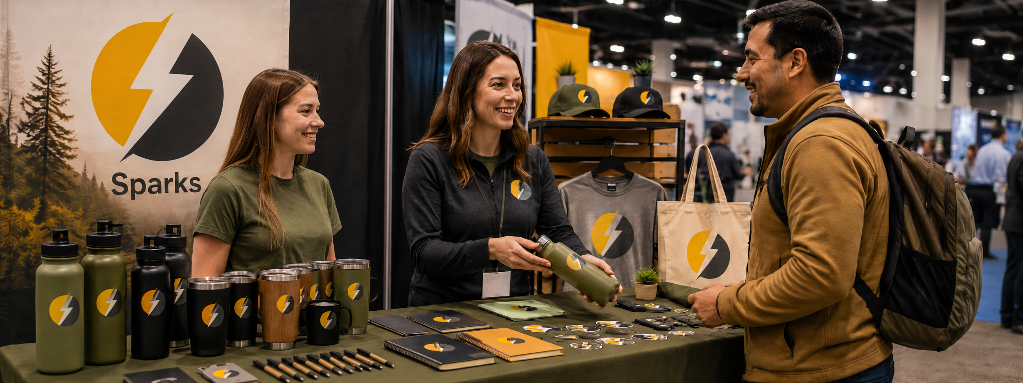 Sparks promotional products displayed at a trade show booth with branded drinkware, notebooks, pens, stickers, tote bags, hats, and apparel.