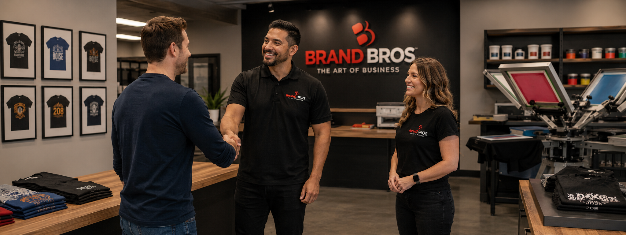 Brand Bros Boise screen printing shop with business owners welcoming a customer and showcasing custom printed apparel.