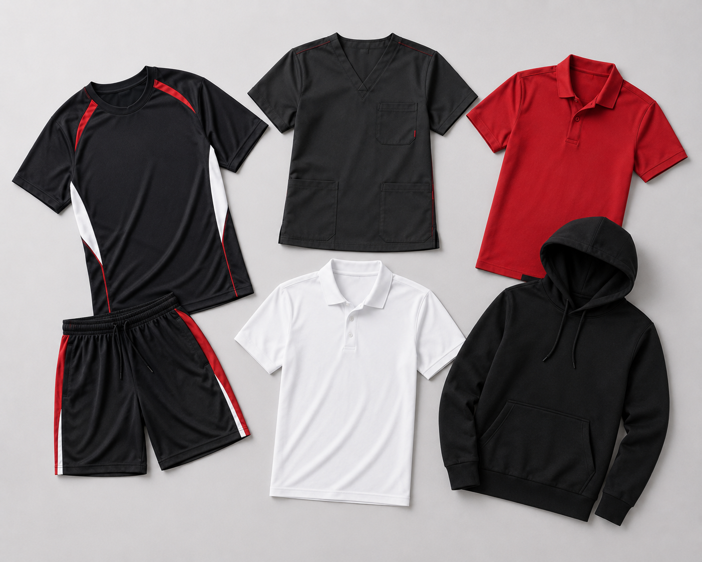 Blank custom apparel options including black and red sports gear, medical scrub top, red polo, white polo, and black hoodie on a light gray background.