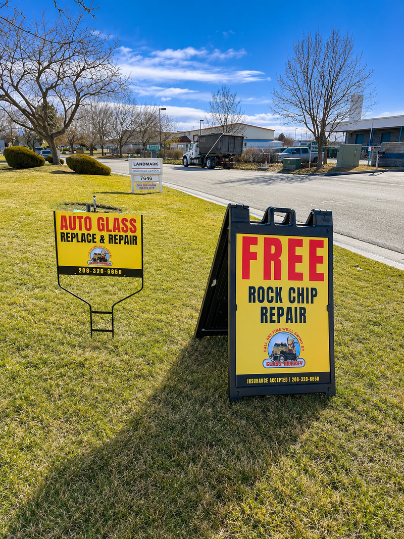 Outdoor auto glass repair yard signs advertising rock chip repair and windshield replacement on a roadside lawn.