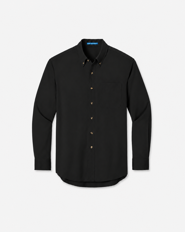 Plain black long-sleeve button-down shirt on a white background, ready for custom embroidery or logo decoration.
