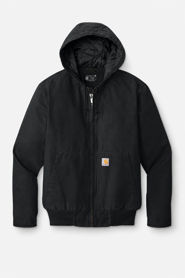 Plain black Carhartt hooded jacket with front zipper, quilted hood lining, and pockets on a white background.
