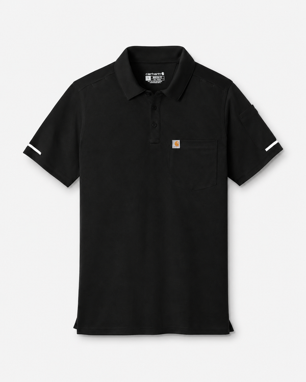 Plain black Carhartt polo shirt with chest pocket and reflective sleeve accents on a white background.