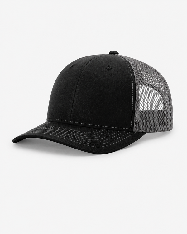 Plain black and gray trucker hat with mesh back on a white background, ready for custom embroidery or logo decoration.