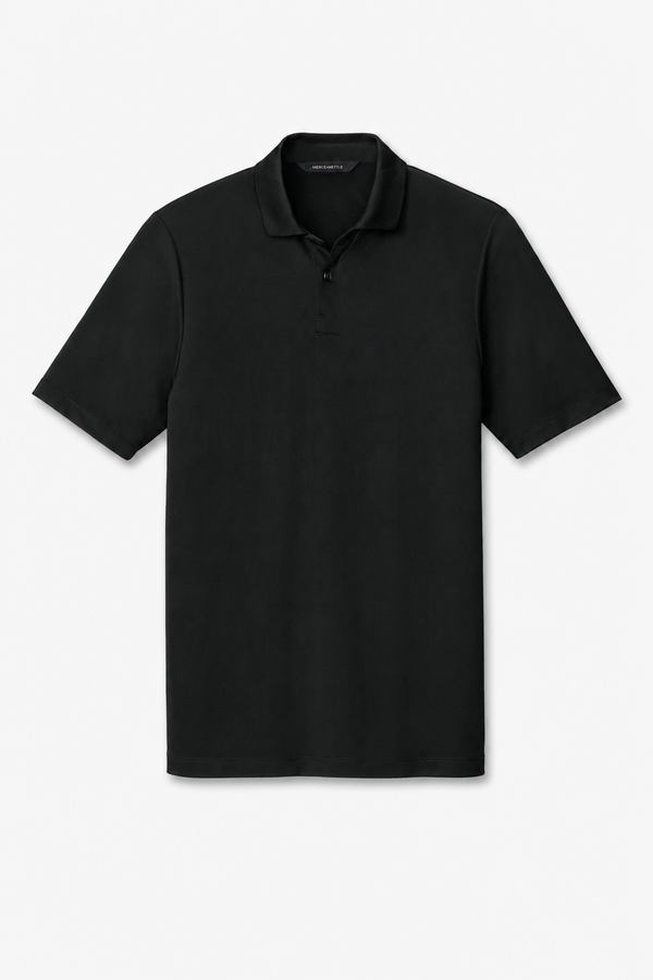 Plain black polo shirt on a white background, ready for custom embroidery or logo decoration.