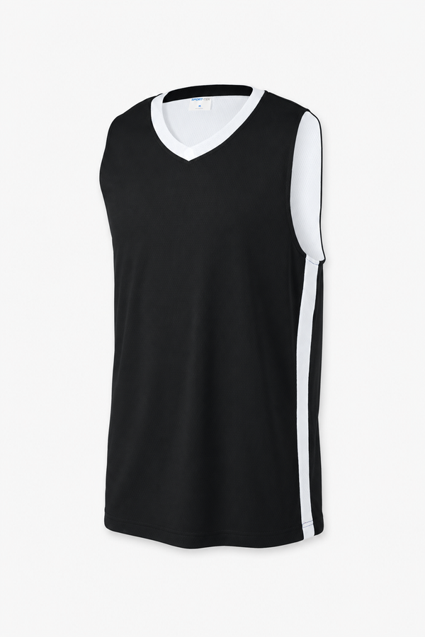 Plain black sleeveless volleyball jersey with white side panels and V-neck trim on a white background.
