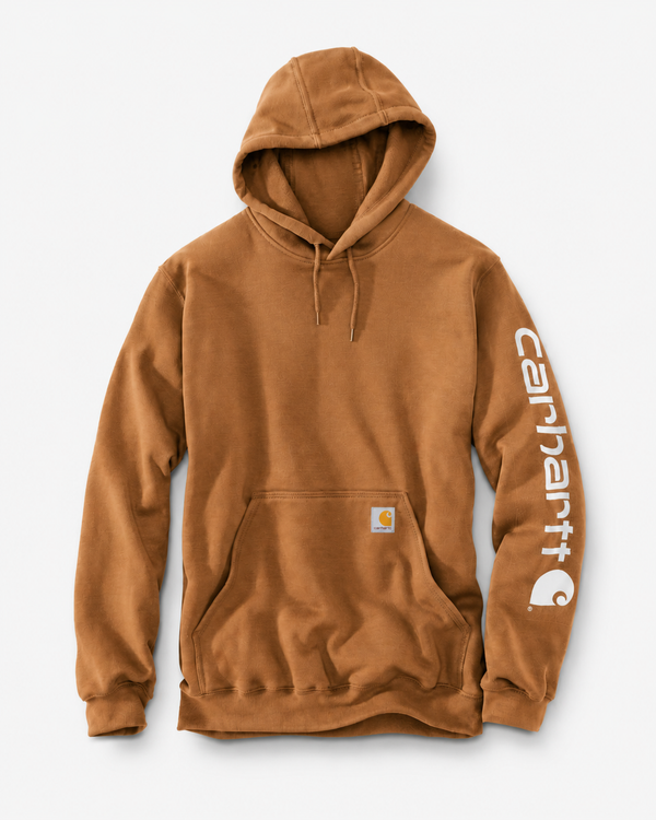 Plain brown Carhartt hoodie with front pouch pocket and white sleeve logo on a white background.