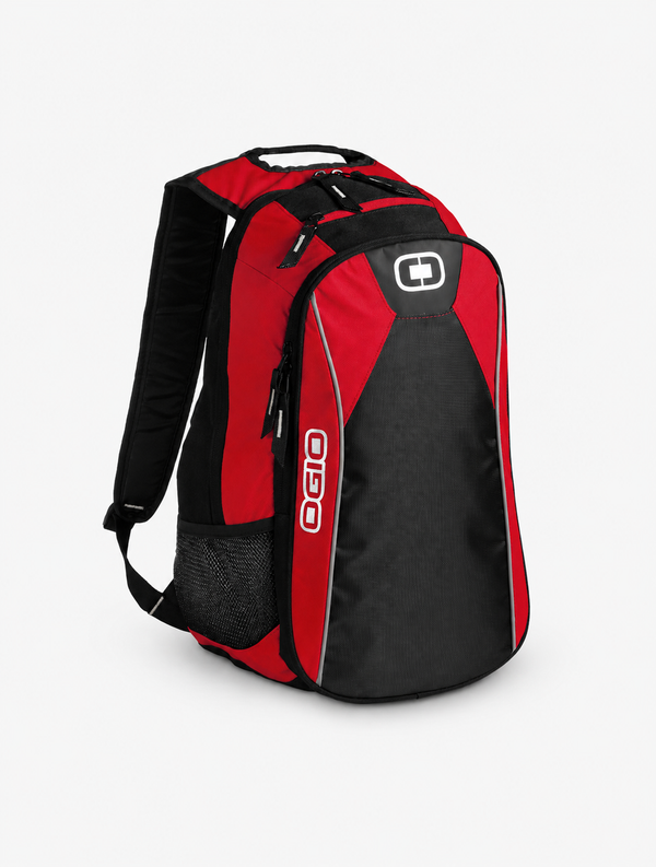 Plain red and black OGIO backpack on a white background, ready for custom embroidery or logo decoration.