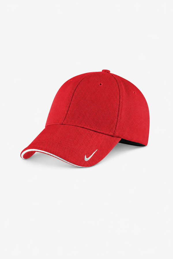 Plain red Nike baseball cap with white swoosh and white trim on the brim, ready for custom embroidery or logo decoration.