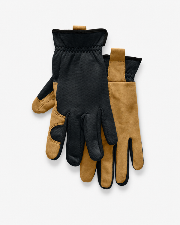 Pair of black and tan work gloves on a white background, ready for custom branding or promotional use.