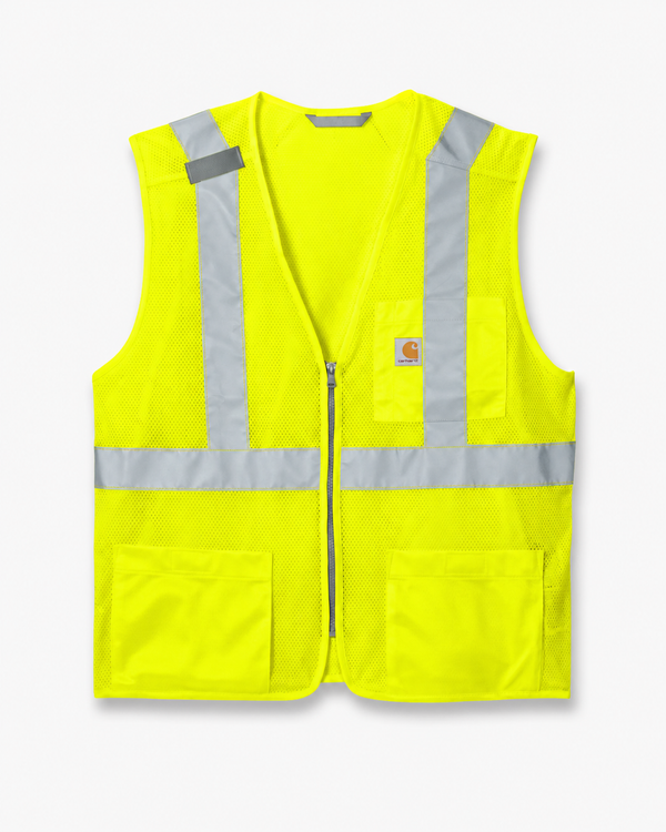 Bright yellow Carhartt safety vest with reflective stripes, zipper front, and pockets on a white background.