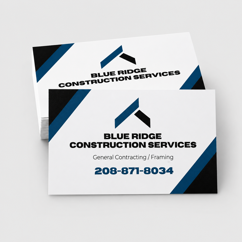 Blue Ridge Construction Services business cards with logo, blue and black diagonal design, and general contracting contact information.