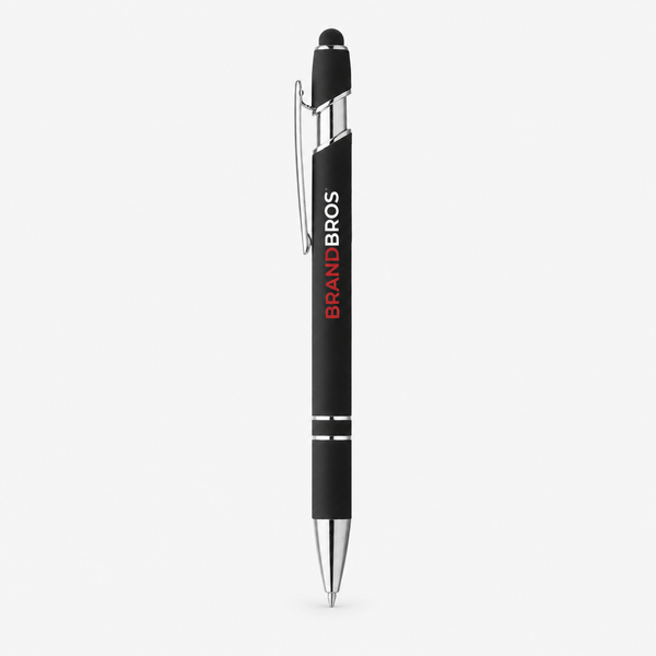 Black Brand Bros custom pen with red and white logo text and silver accents.
