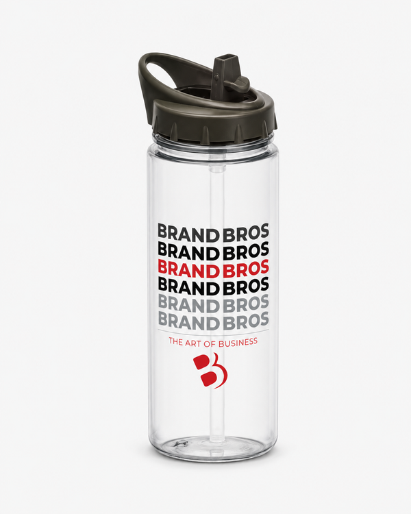 Clear Brand Bros custom water bottle with black lid and printed red, black, and gray logo design.