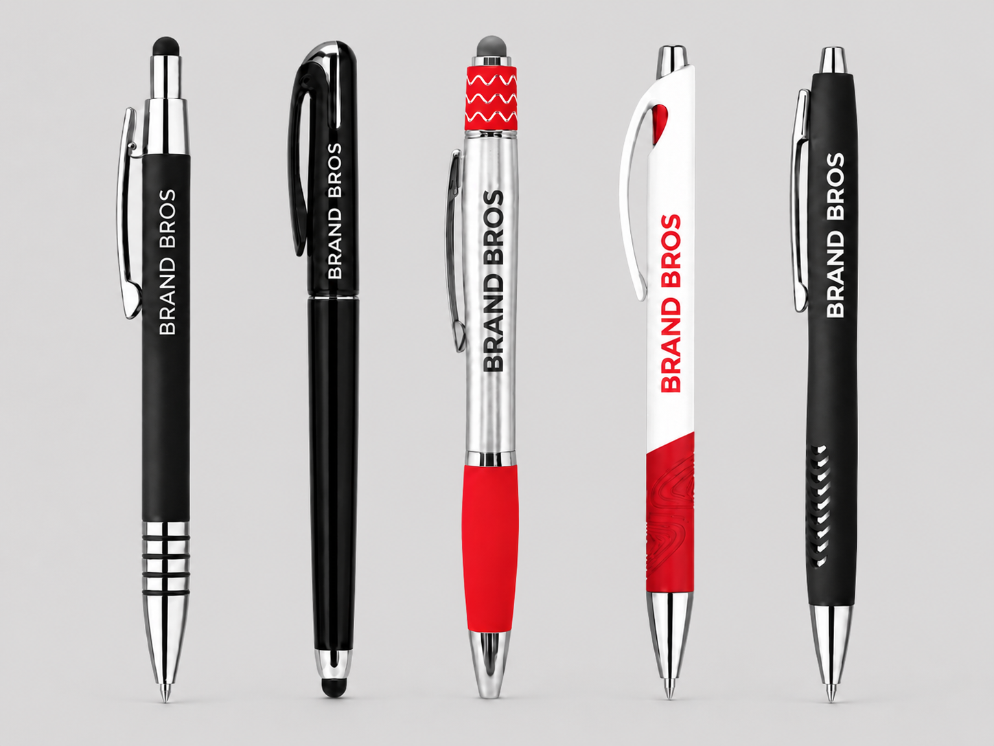 Custom promotional pens with Brand Bros logo in black, white, red, and silver styles displayed on a light gray background.
