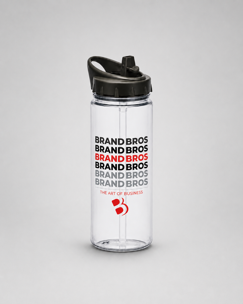 Clear custom water bottle with black lid and Brand Bros logo printed in black, red, and gray.