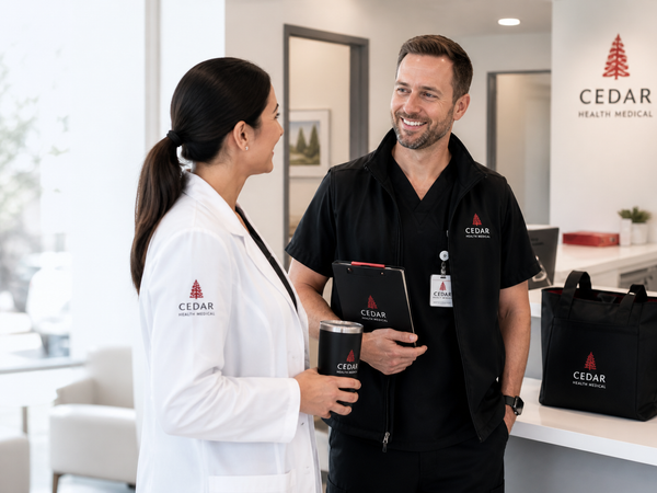 Healthcare professionals wearing branded medical apparel in a clinic with a branded tumbler, clipboard, ID badge, and tote bag.