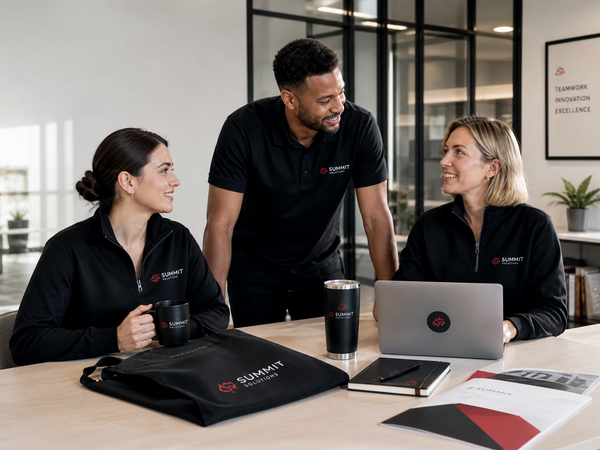 Office team wearing branded black polos and quarter-zips in a meeting with branded drinkware, tote bag, laptop, notebook, and marketing materials on the table.