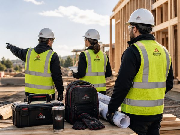 Construction workers wearing branded safety vests and hard hats at a job site with branded work gear, tools, gloves, plans, and drinkware in the foreground.