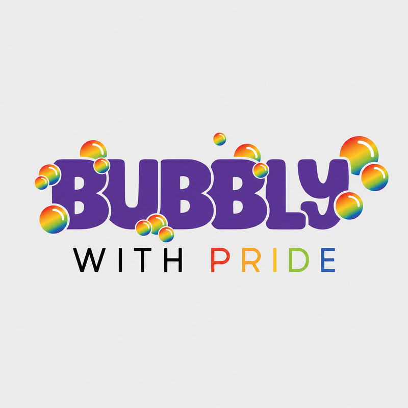 Bubbly with Pride logo with purple bubbly lettering, rainbow bubble graphics, and colorful pride text.