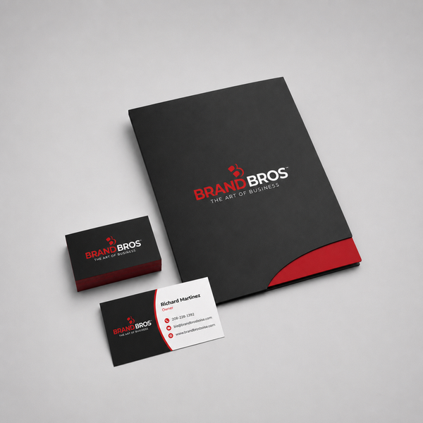 Brand Bros presentation folder and business cards featuring Richard Martinez’s contact information