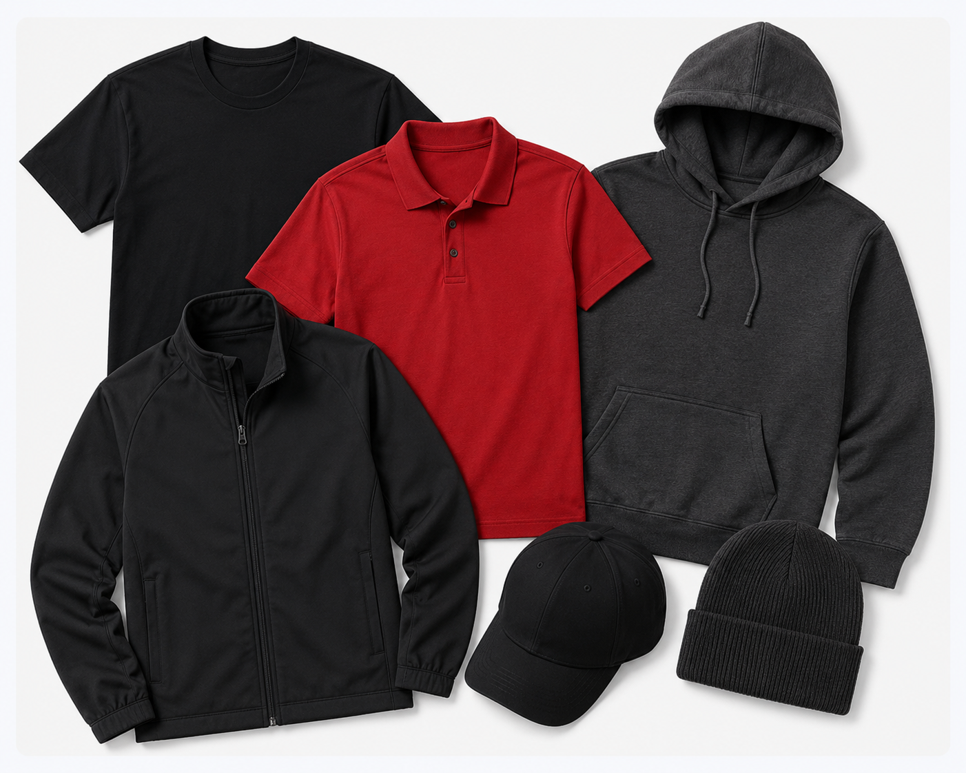 Blank custom apparel options including black t-shirt, red polo, charcoal hoodie, black jacket, hat, and beanie on a light gray background.