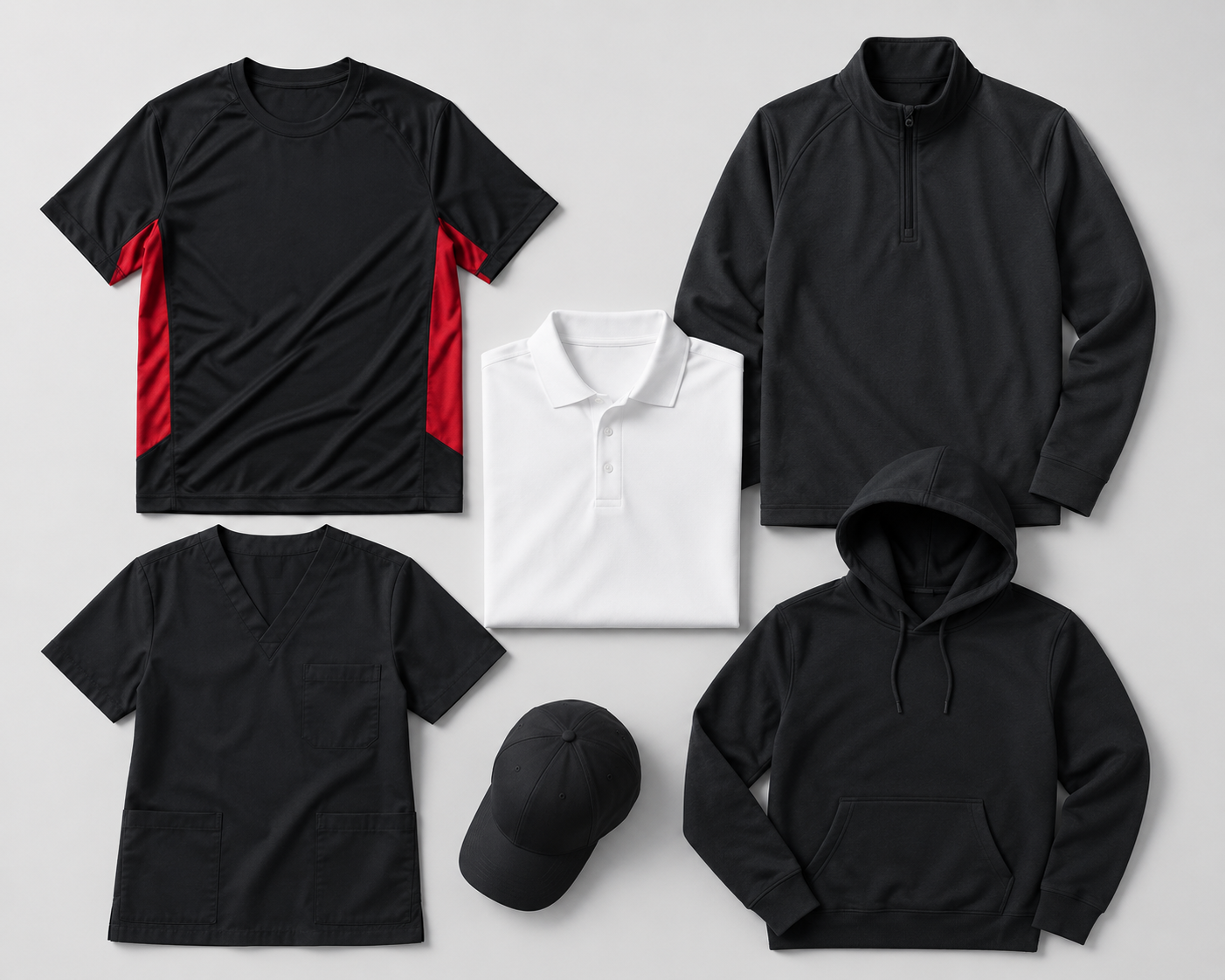 Blank custom apparel options including sports gear, medical apparel, polos, hoodie, quarter-zip, scrub top, and cap on a light gray background for Brand Bros Boise.