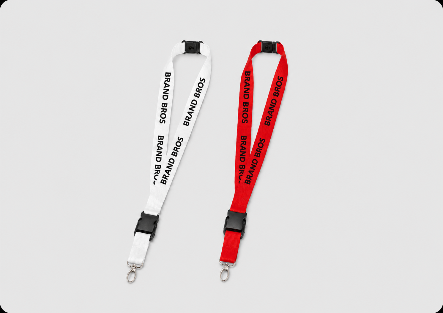 Custom Brand Bros lanyards in red and white with black logo text displayed on a light gray background for business badges, events, and giveaways.