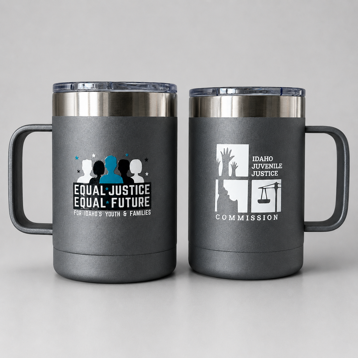 Custom insulated event mugs branded for the Idaho Juvenile Justice Commission by Brand Bros Boise.