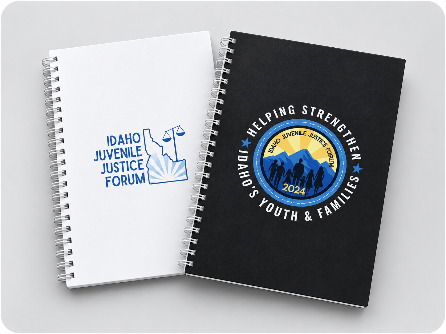 Custom branded spiral notebooks created for the Idaho Juvenile Justice Forum conference by Brand Bros Boise.