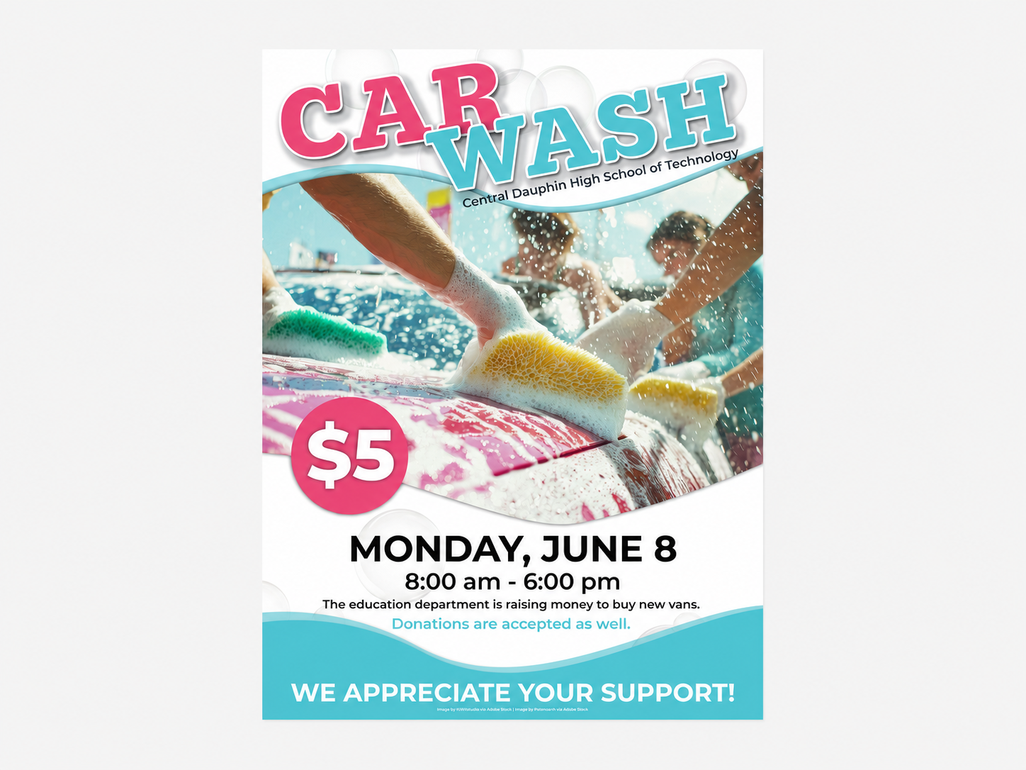 Custom car wash fundraiser flyer displayed on a light gray background as an example of promotional flyer design and printing for events.
