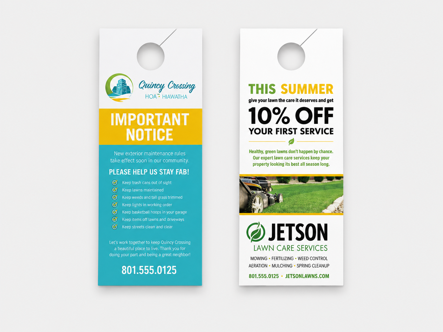 Custom door hangers for HOA notices and lawn care promotions displayed on a light gray background as examples of door hanger printing in Boise.