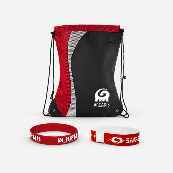 Custom red and black drawstring bag with logo and matching red event wristbands on a white background.