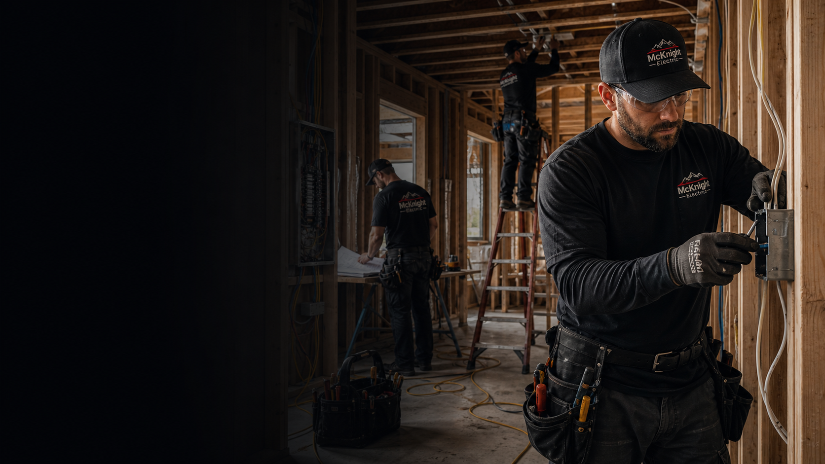 Electricians wearing custom McKnight Electric shirts and hats while working on wiring inside a construction job site.