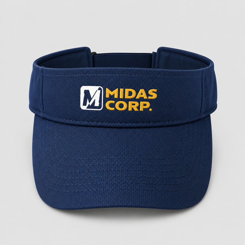 Navy blue visor with an embroidered Midas Corp logo in white, navy, and gold.