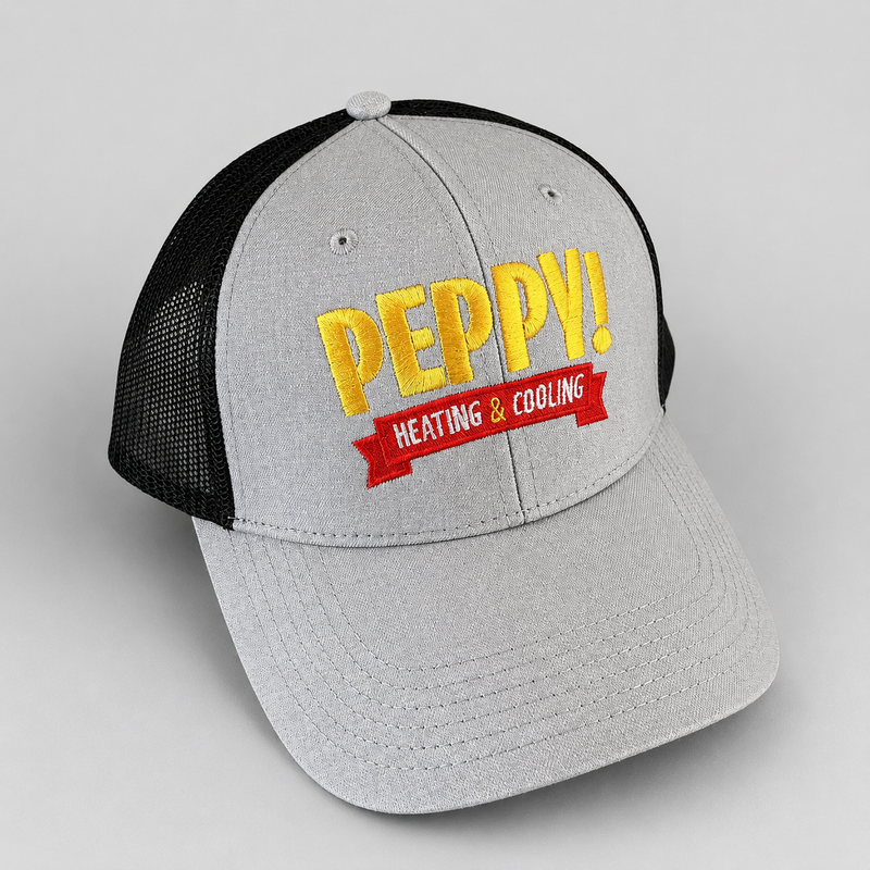 Gray and black trucker hat with embroidered Peppy Heating & Cooling logo in yellow and red thread.
