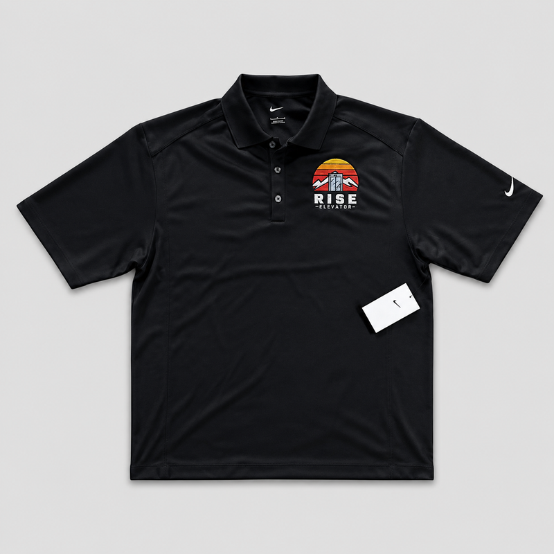 Black Nike polo shirt with an embroidered Rise Elevator logo on the chest.
