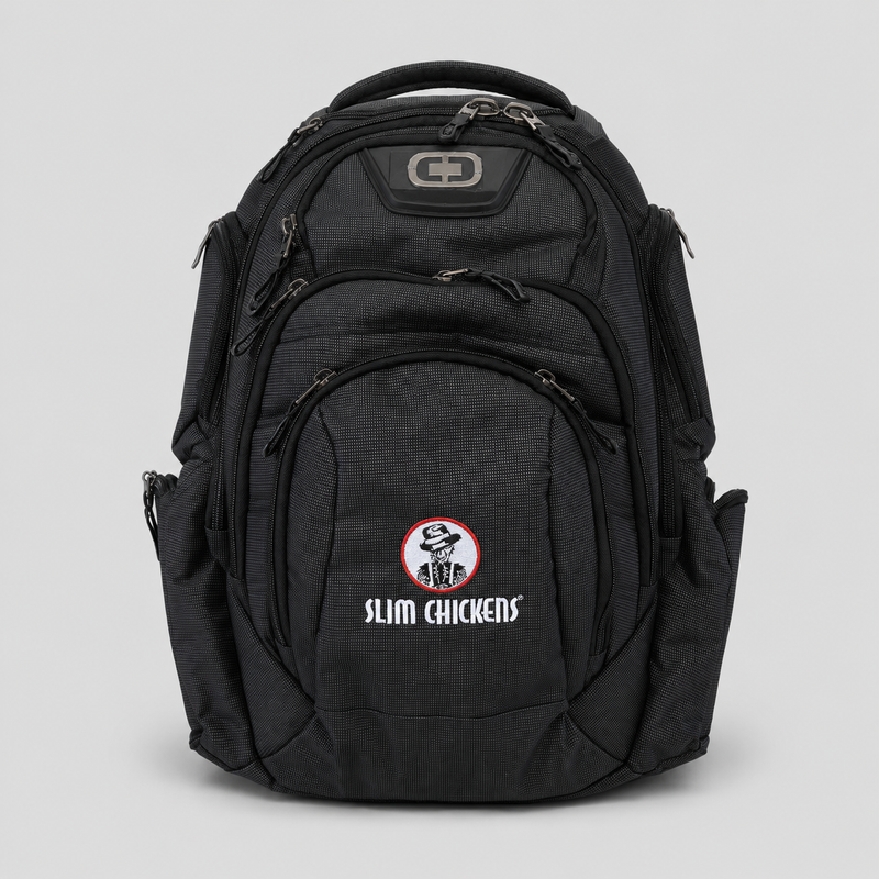 Black backpack with an embroidered Slim Chickens logo on the front pocket.
