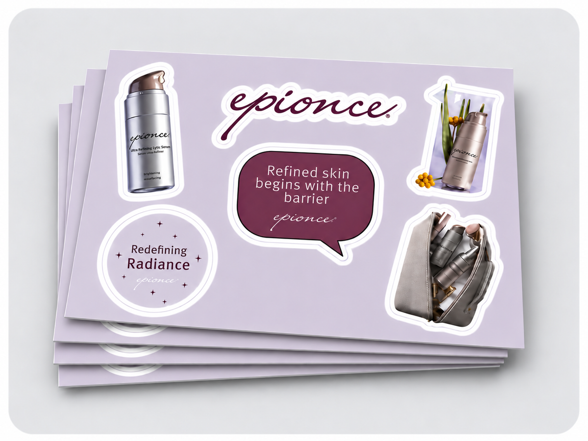 Custom Epionce branded sticker sheets created by Brand Bros Boise for promotional events and giveaways.
