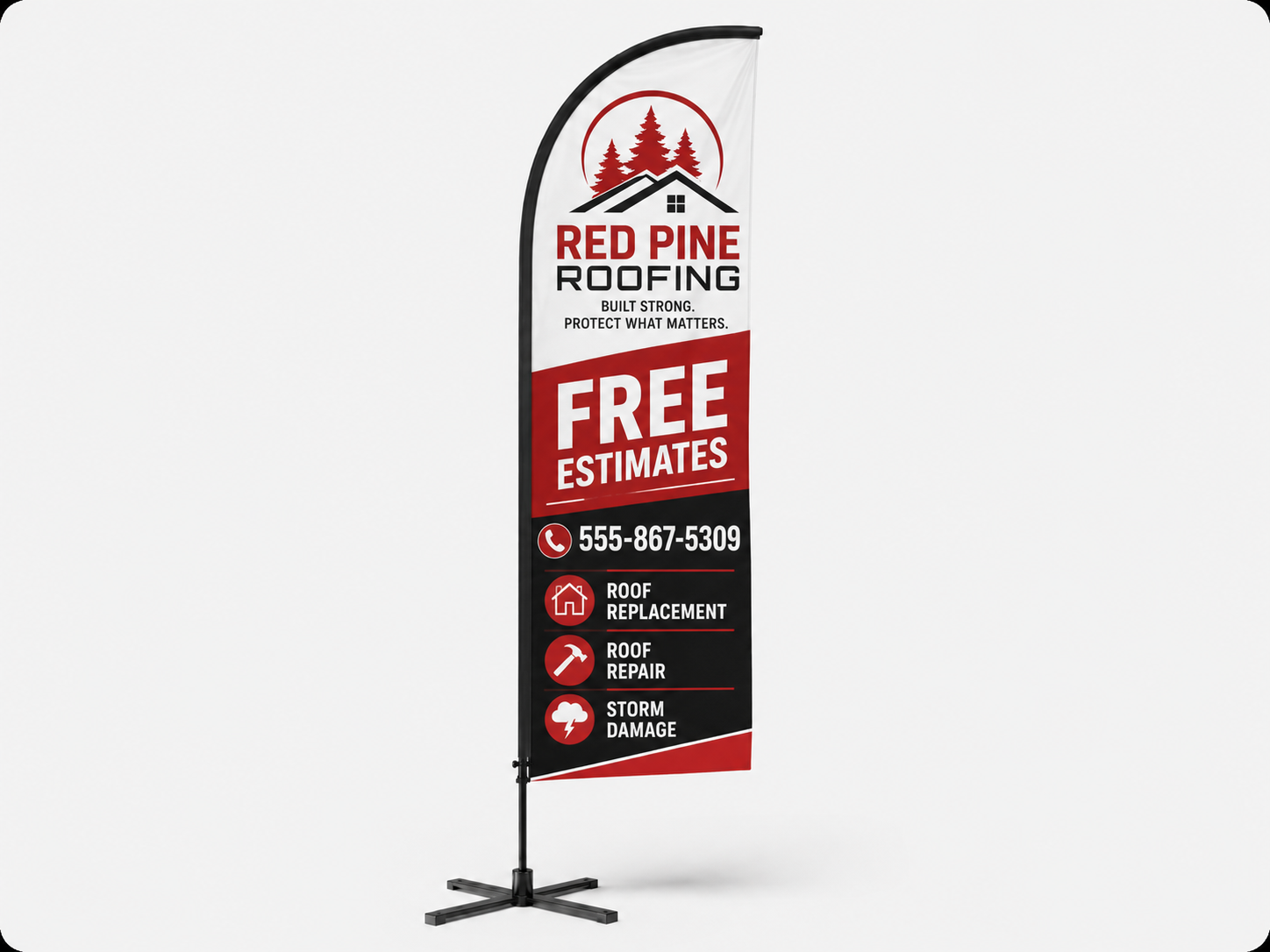 Custom Red Pine Roofing feather flag with free estimates, phone number, and roofing services displayed on a light gray background as an example of outdoor business signage in Boise.