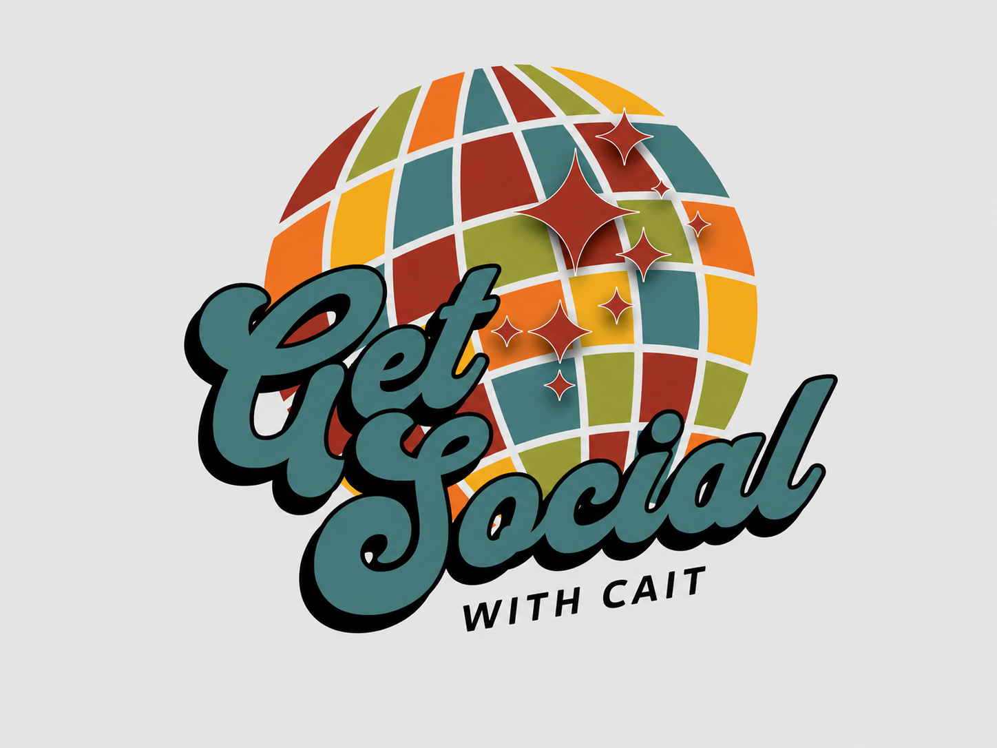 Custom Pet Social logo design with retro disco globe artwork displayed on a light gray background as an example of graphic design services in Boise.