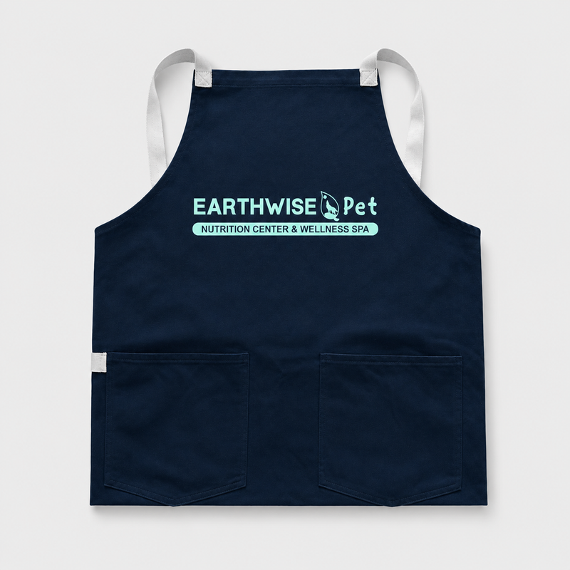 Navy blue apron with a custom printed Earthwise Pet logo on the front.