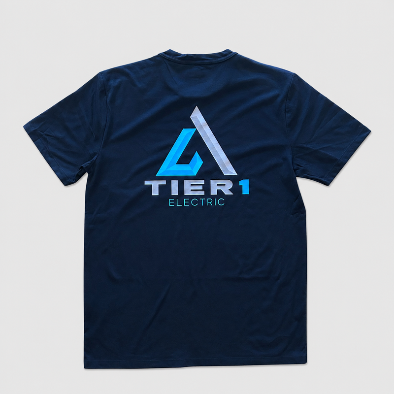 Navy blue T-shirt with a custom printed Tier 1 Electric logo on the back.