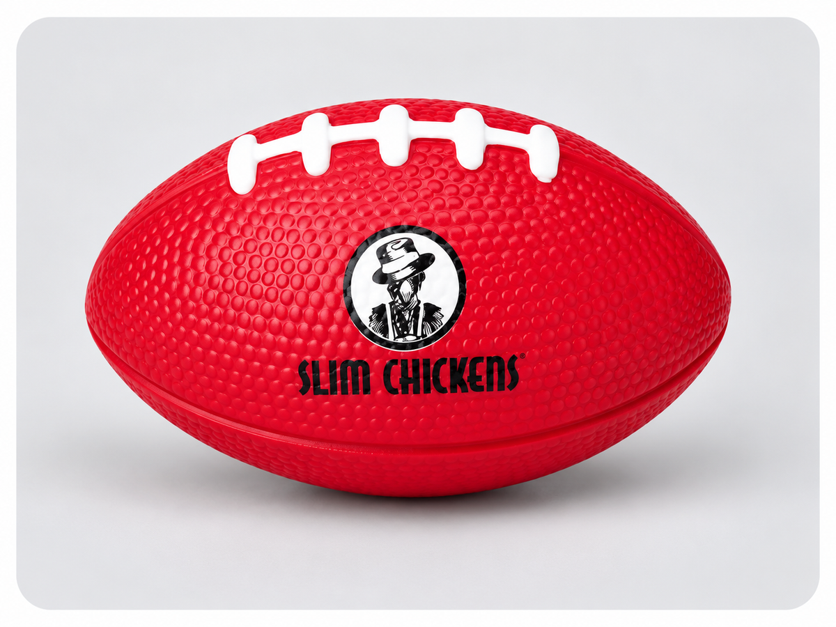 Custom red promotional football branded for Slim Chickens by Brand Bros Boise for events and giveaways.